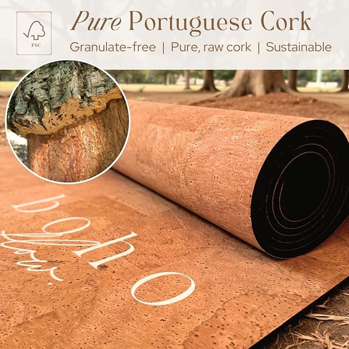 Deluxe Cork Yoga Mat – Gold, Coffee or Vegan Leather Cork Surface & Natural Rubber Base – Premium Natural & Eco Friendly Materials – Includes Signature Handmade Boho Bag