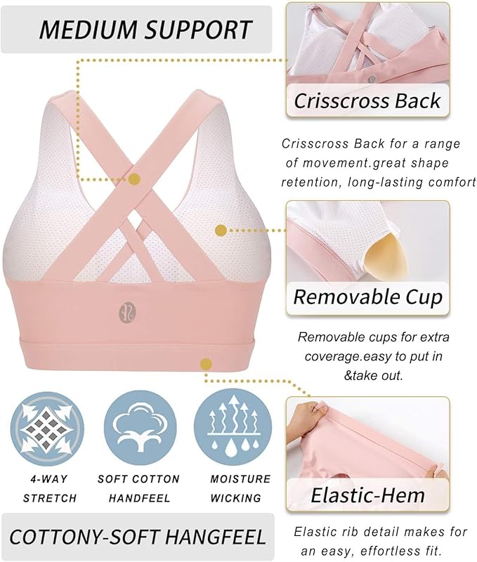 RUNNING GIRL Sports Bras for Women,Padded Strappy Sports Bras Criss-Cross Back Medium Support Sports Bras with Removable Cups