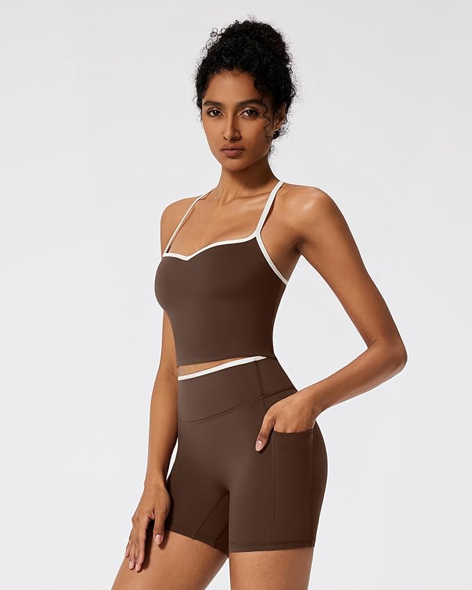 RXRXCOCO Color Block Workout Sets for Women 2 Piece Padded Strappy Tank Tops Hidden Scrunch Booty Shorts with Pockets