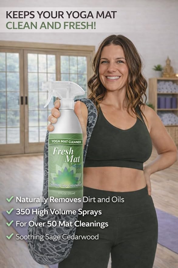 Fresh Mat Yoga Mat Cleaner Spray - Natural Deodorizing Cleaner for Yoga Mats & Fitness Equipment - No-Rinse, Residue-Free Formula with Witch Hazel & Essential Oil, Soothing Sage Cedarwood (12 fl oz).