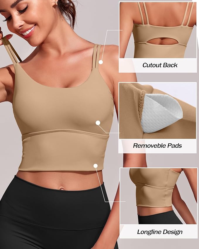 Everrysea Sports Bras for Women High Support Longline Workout Tank Tops Built in Bra Strappy Yoga Padded Crop Top