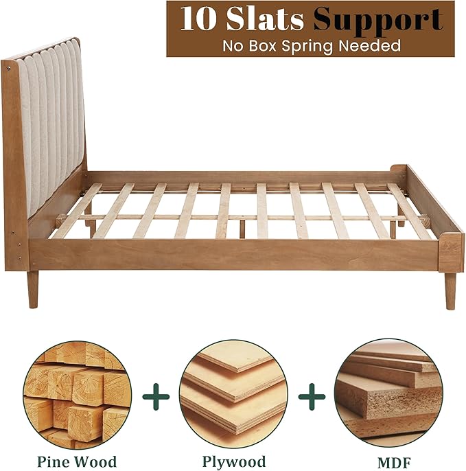 Wood Queen Size Bed Frame with Upholstered Tufted Headboard, Solid Wood Platform Bed,Mid-Century Style,No Box Spring Required, Easy Assembly,Wheat