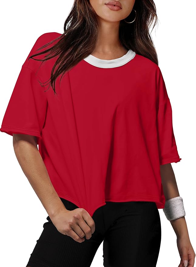 XIEERDUO Cotton Tshirts for Women Drop Shoulder Round Neck Oversized Crop Tops Workout Tops Tees