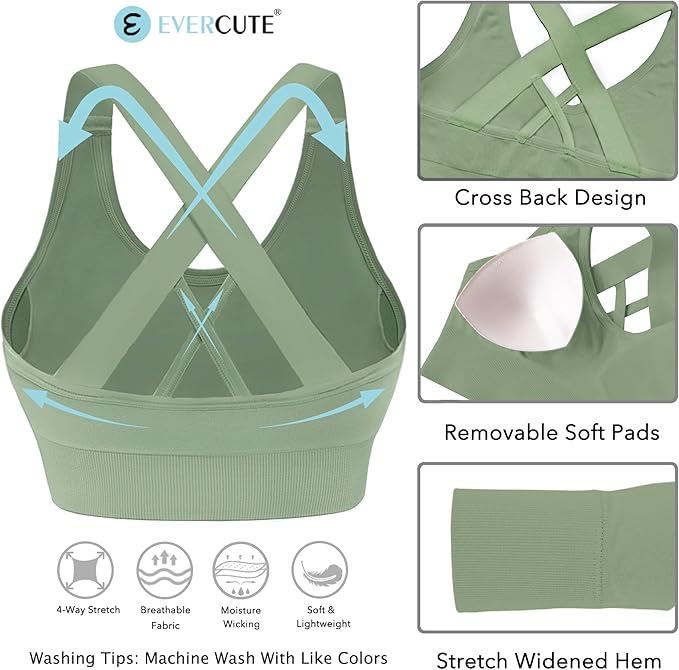 Evercute Sports Bras for Women Padded Medium Support Criss Cross Strappy Bra Seamless High Impact Yoga Exercise Athletic Bras