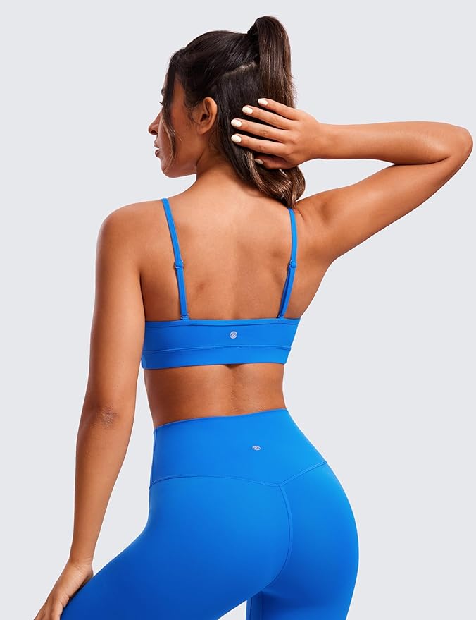 CRZ YOGA Butterluxe V-Neck Sports Bras for Women - Adjustable Thin Straps Padded Yoga Top Basic Wireless Camisole