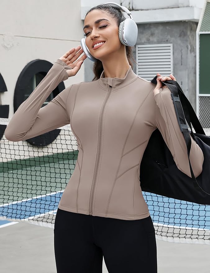 Rapbin Women's Slim Fit Workout Jackets Full Zip Long Sleeve Running Athletic Tops Yoga Shirts with Thumb Holes