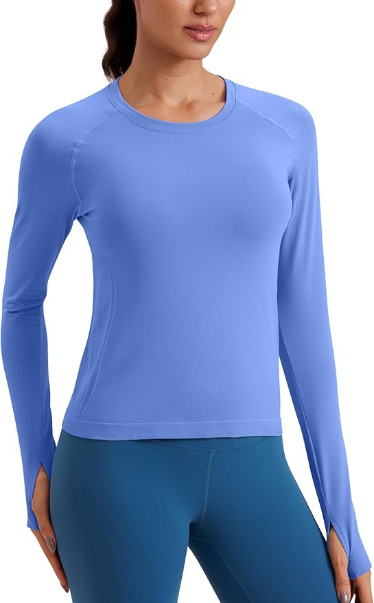 CRZ YOGA Seamless Long Sleeve Shirts for Women Waist Length - Workout Athletic Running Gym Yoga Tops Crewneck Breathable