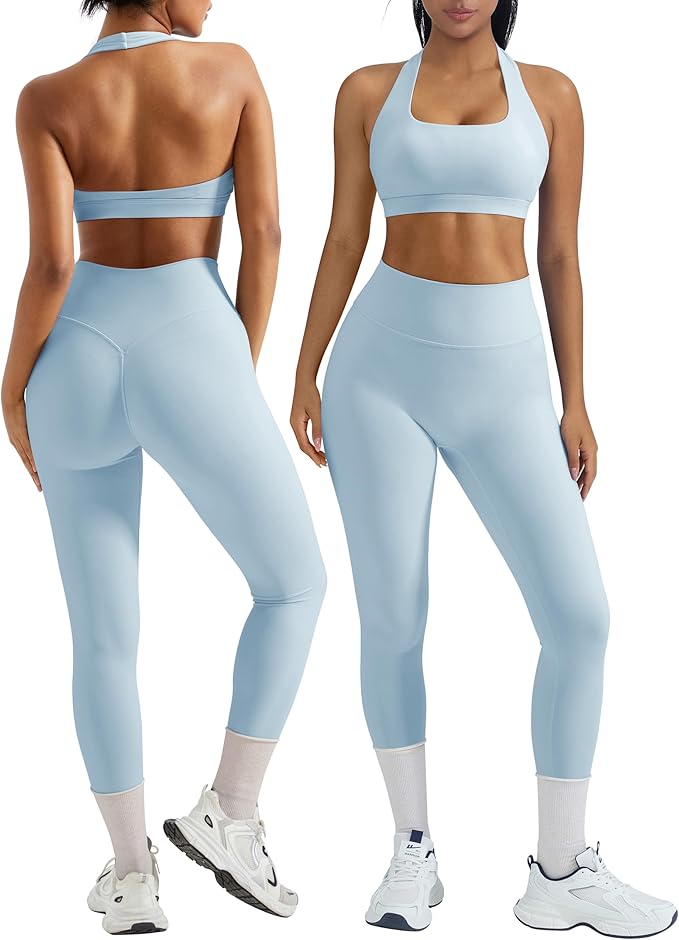 OMKAGI 2 Piece Workout Sets for Women Halter Sports Bras Gym Sets Booty Leggings Outfits