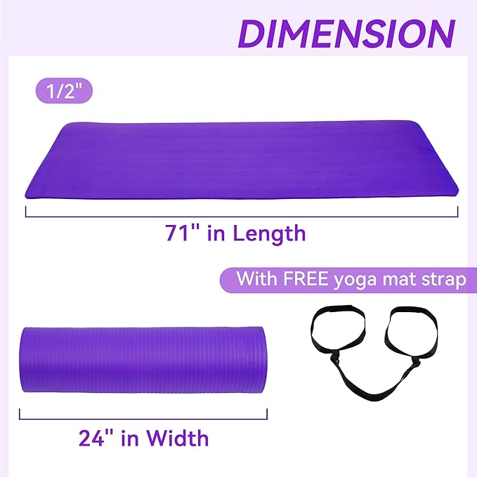 Fitvids Yoga Mat, 1/2-Inch Extra Thick High Density Exercise Mat, Anti-Tear Exercise Yoga Mat with Carrying Strap, Suitable for Various Yoga Exercises