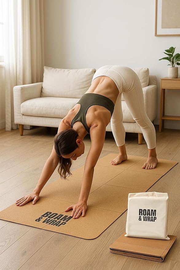 Roam & Wrap TRUE FOLDING Cork Yoga Mat 5mm Thick - Not Rolled, Fits in Backpack & Carry-On - Non-Slip Portable Mat for Travel, Pilates & Gym