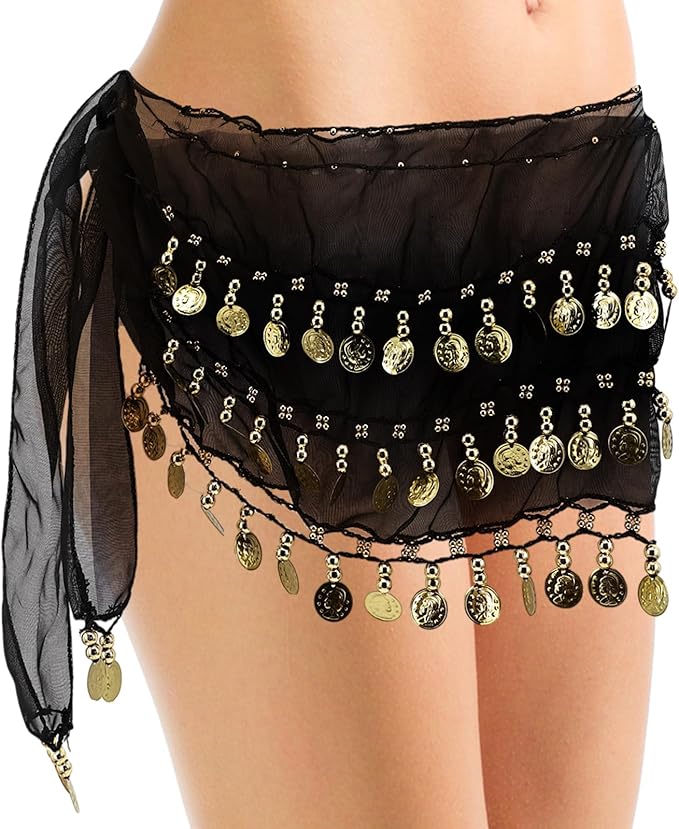 Belly Dance Hip Scarf Belly Dance Skirt 3-Layer Gold Sequins and Coins, Suitable for Yoga, Belly Dance, Performance