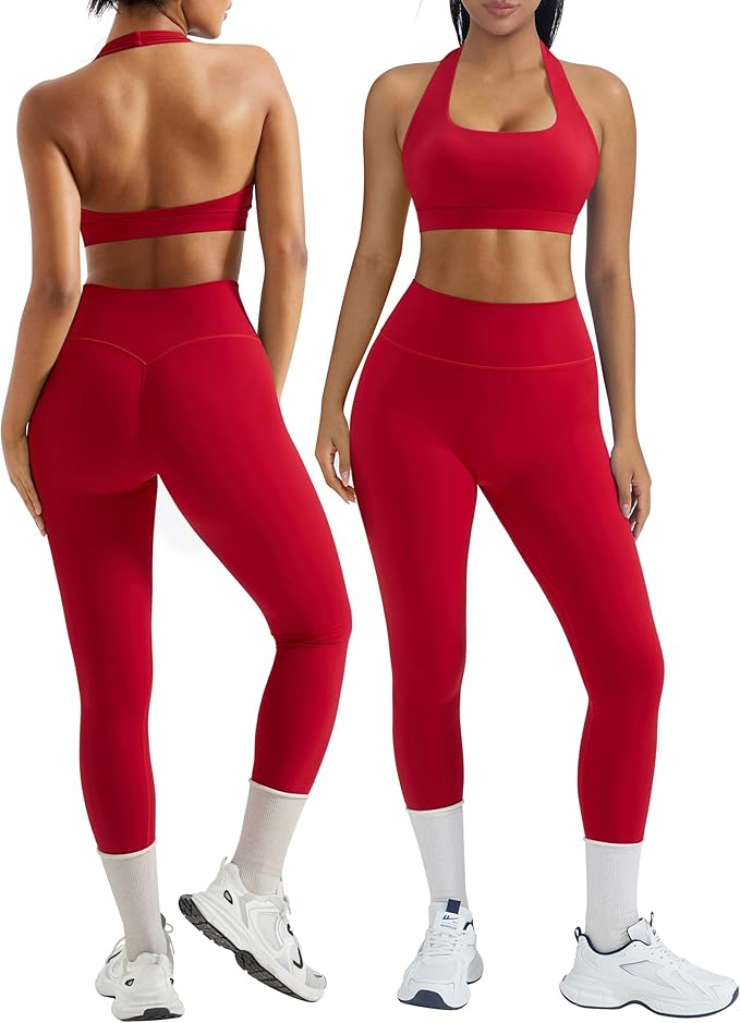 OMKAGI 2 Piece Workout Sets for Women Halter Sports Bras Gym Sets Booty Leggings Outfits