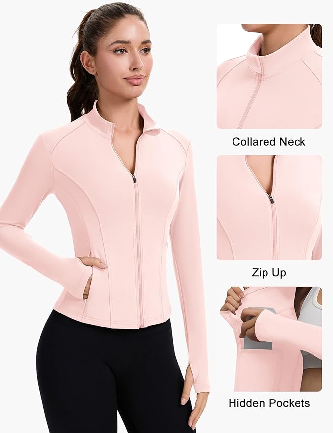 ZHENWEI Workout Jackets for Women Full Zip Up Cropped Athletic Long Sleeve Lightweight Slim Fit Running Tops with Pockets