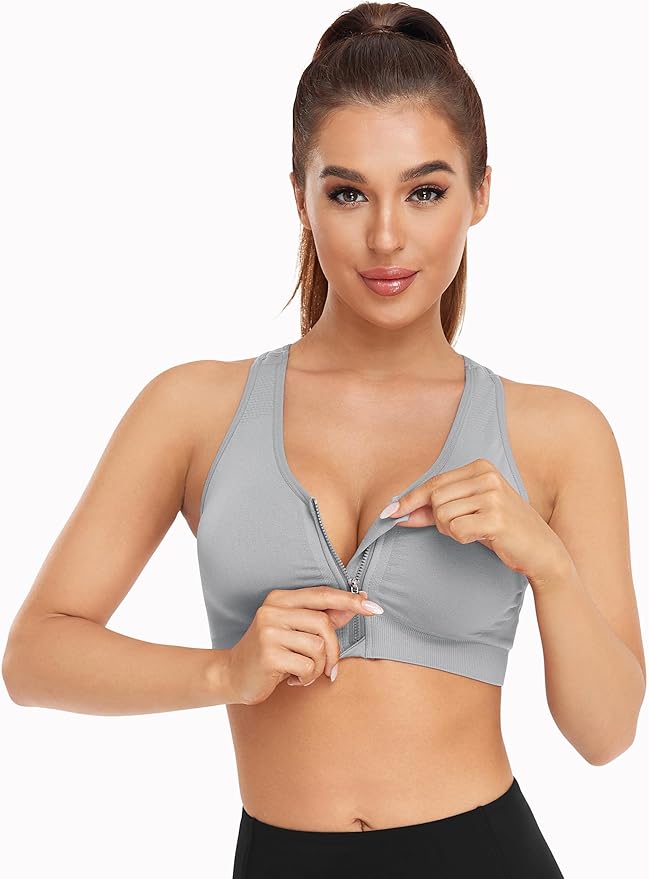 Women's Zip Front Sports Bra Wireless Post-Surgery Bra Active Yoga Sports Bras