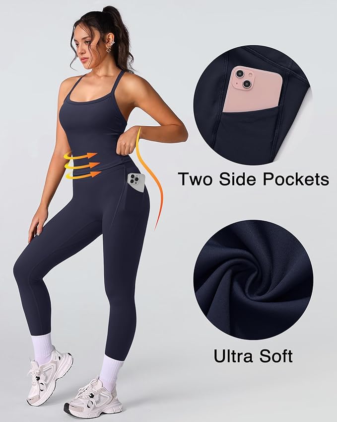 RXRXCOCO Cross Back Workout Sets for Women 2 Piece Padded Tank Tops Hidden Scrunch Leggings Gym Outfits with Pockets