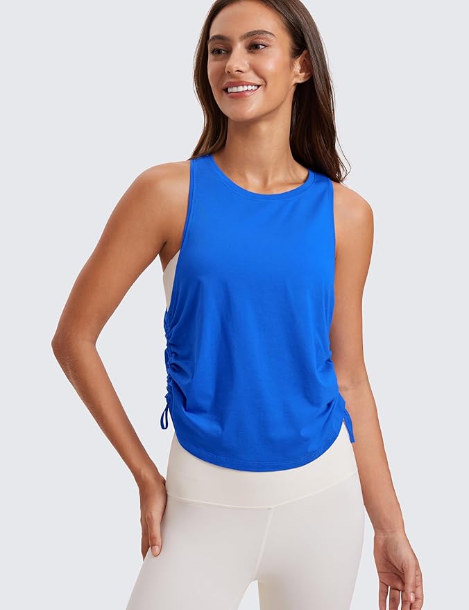 CRZ YOGA Pima Cotton Ruched Side Tank Tops for Women - Workout Athletic Casual Racerback Crewneck Loose Sleeveless Shirts