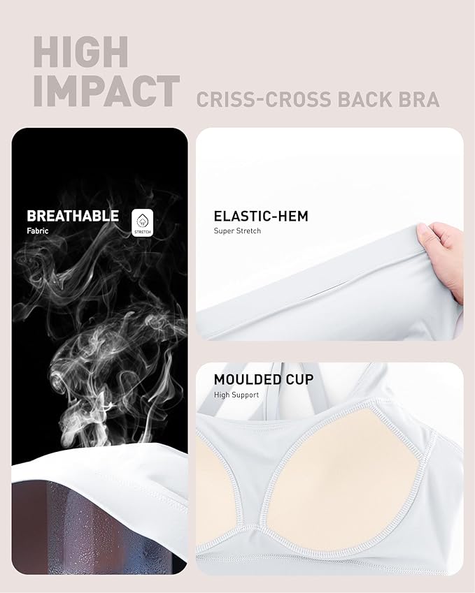 RUNNING GIRL High Impact Sports Bras for Women - Scoop Neck Strappy Sports Bra High Support Moulded Cup Workout Bra