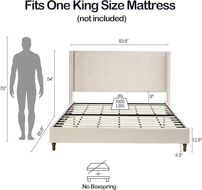 Upholstered Bed Frame, 54" Tall Headboard Wingback Upholstered Platform Bed Frame for Kids Teens Adults Bedroom Strong Wood Slats Support/No Box Spring Needed (Ivory Velvet, King)
