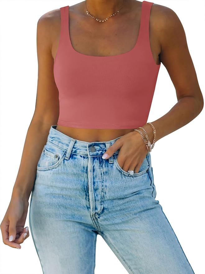 REORIA Women’s Sexy Square Neck Double Lined Seamless Sleeveless Cropped Tank Yoga Crop Basic Tops