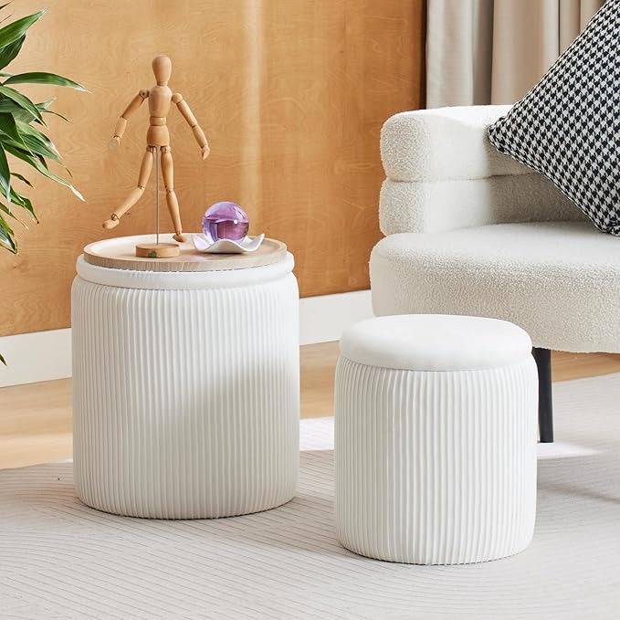 BLEXA Round Ottoman with Storage Set of 2-Upholstered Velvet Vanity Stool for MakeupMultifunctional Ottomans Coffee Table Padded Seat Foot Rest for Living Room&Bedroom(White-Upgrade Tray Lid)