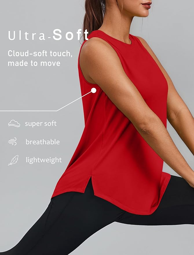 PINSPARK Workout Tops for Women Sleeveless Athletic Tank Tops UPF 50+ Running Tanks with Side Slits Loose Fit Gym Yoga Shirt