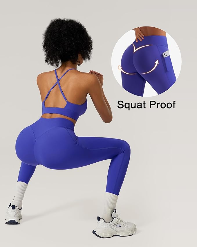 RXRXCOCO 2 Piece Workout Sets for Women Strappy Sports Bra Booty Leggings with Pockets Yoga Gym Outfits