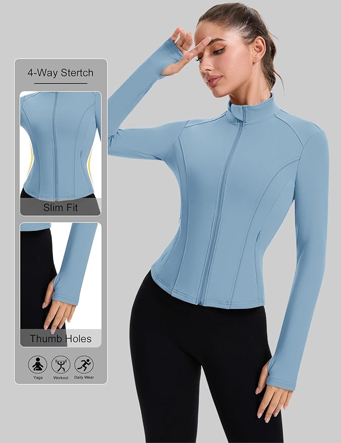 ZHENWEI Workout Jackets for Women Full Zip Up Cropped Athletic Long Sleeve Lightweight Slim Fit Running Tops with Pockets