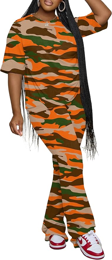 PINSV Women 2 Piece Outfits Short Sleeve Top and Flare Pants Lounge Sets Tracksuit