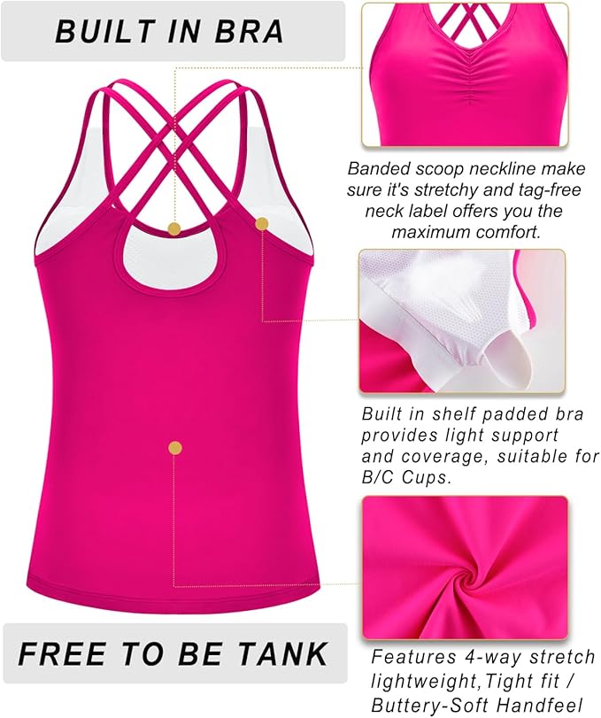 RUNNING GIRL Yoga Tank Tops for Women Built in Shelf Bra B/C Cups Strappy Back Activewear Workout Compression Tops
