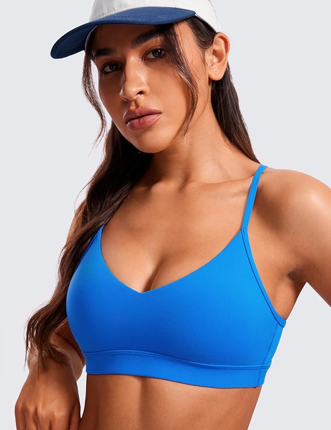 CRZ YOGA Butterluxe V-Neck Sports Bras for Women - Adjustable Thin Straps Padded Yoga Top Basic Wireless Camisole