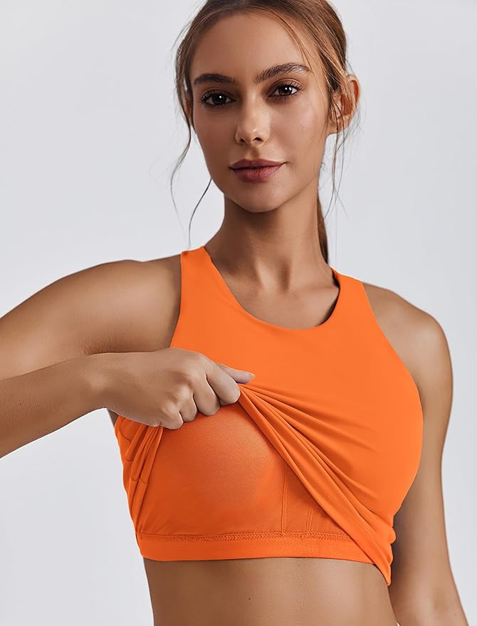 PINSPARK Women Sports Bra High Neck Racerback Workout Crop Tank Top Longline Padded Yoga Tops with Built in Pads