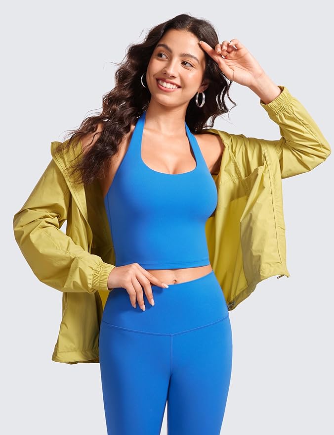 CRZ YOGA Butterluxe Halter Crop Tank Tops for Women - Open Back Padded Longline Sports Bras Workout Gym