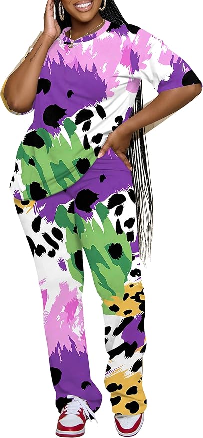 PINSV Women 2 Piece Outfits Short Sleeve Top and Flare Pants Lounge Sets Tracksuit