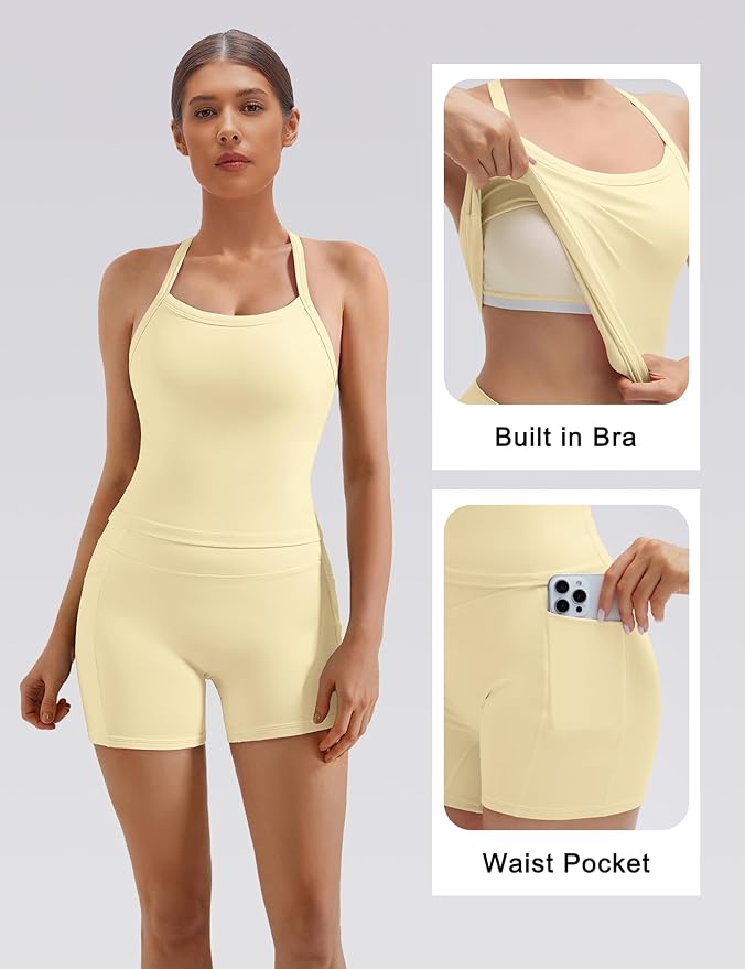 SUUKSESS Women 2 Piece Workout Sets High Waisted Biker Shorts with Pockets Built in bra Racerback Tank Tops