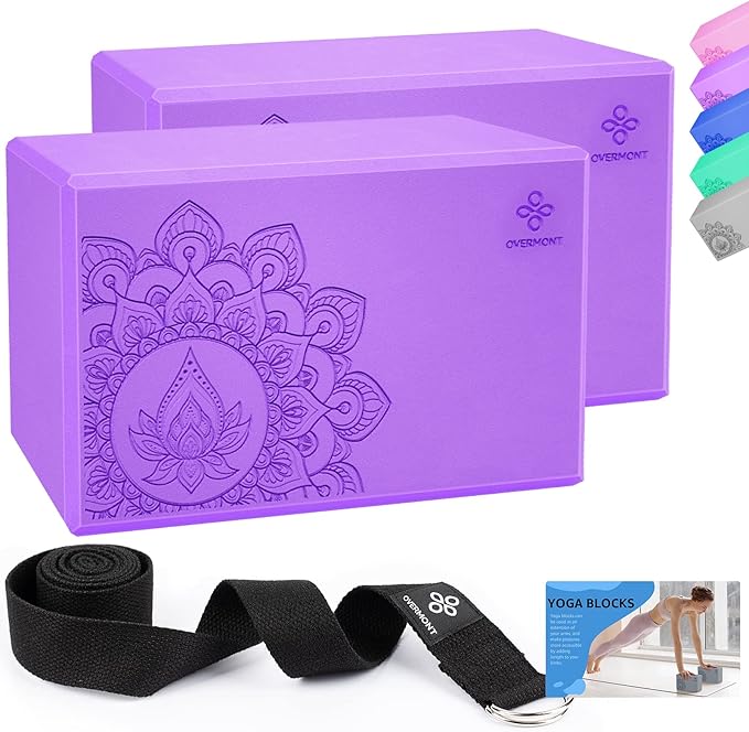 Overmont Yoga Block 2 Pack Supportive Latex-Free EVA Foam Soft Non-Slip Surface for General Fitness Pilates Stretching and Meditation 9"x6"x3" Yoga Strap Included