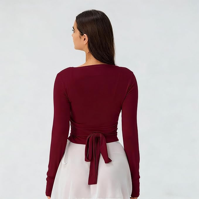Women Wrap Top Thumb Hole Long Sleeve Self Tie Workout Shirt Pilates Ballet Yoga Tops