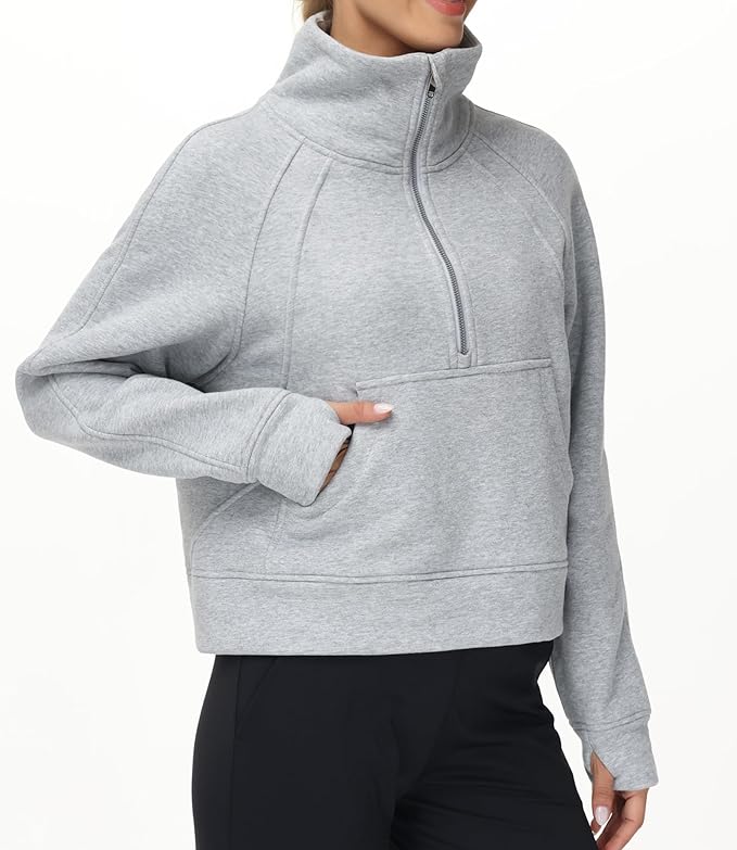THE GYM PEOPLE Womens' Half Zip Pullover Fleece Stand Collar Crop Sweatshirt with Pockets Thumb Hole