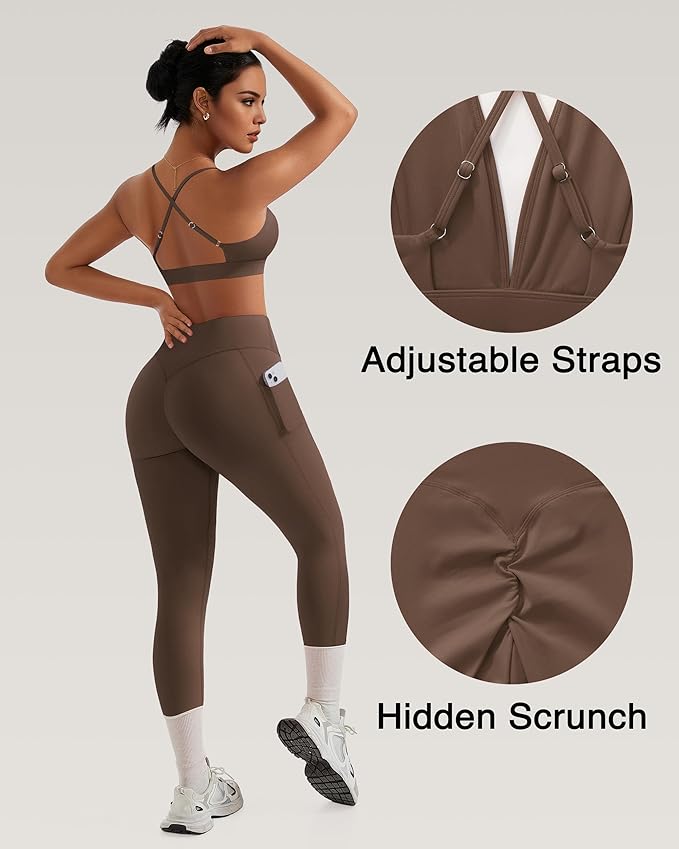 RXRXCOCO 2 Piece Workout Sets for Women Strappy Sports Bra Booty Leggings with Pockets Yoga Gym Outfits