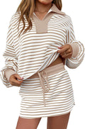 Fisoew Womens Striped 2 Piece Outfits Casual Sweatshirt Skirt Set Long Sleeve Skort Workout Set Matching Lounge Sets