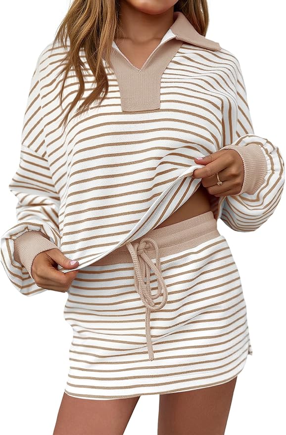 Fisoew Womens Striped 2 Piece Outfits Casual Sweatshirt Skirt Set Long Sleeve Skort Workout Set Matching Lounge Sets