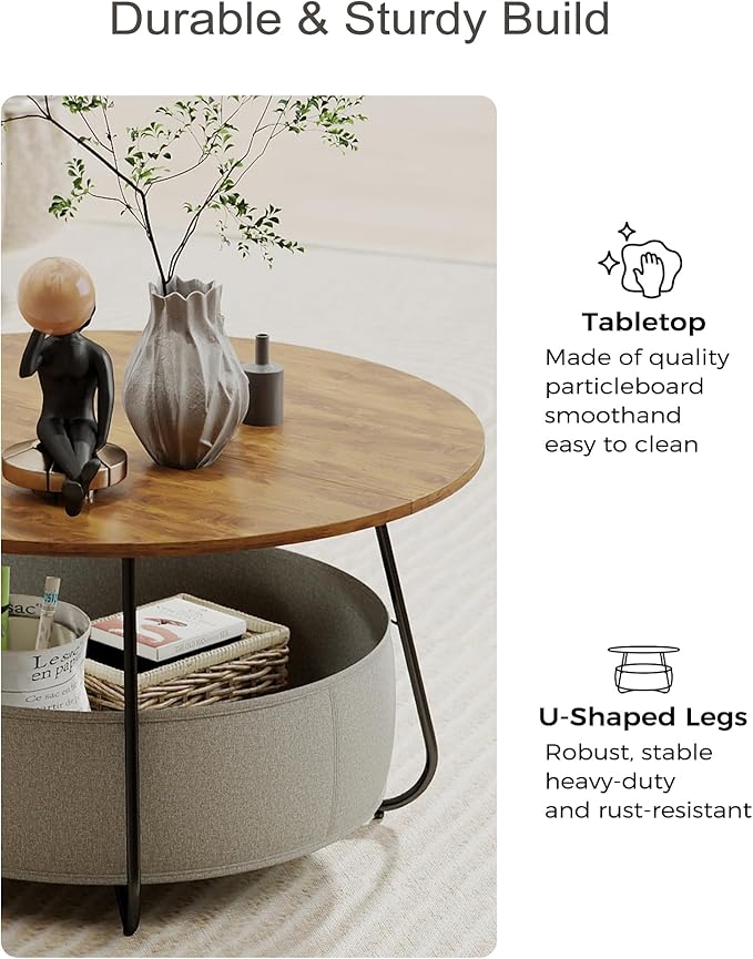 Manora Small Round Coffee Table for Living Room, Modern Center Table with Fabric Basket Storage, Cute Circle Table for Small Spaces, Metal Frame, Brown