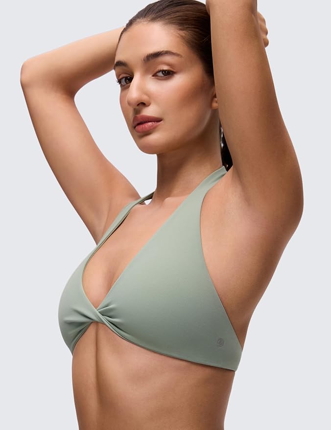 CRZ YOGA Butterluxe Double Lined Twist Halter Sports Bras for Women - Deep V Neck Crop Top Casual Open Back Non Padded