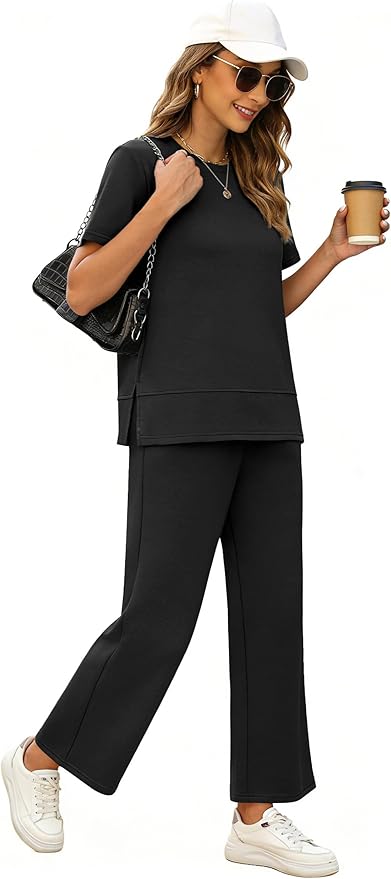 XIEERDUO Women's Side Slit Lounge Sets 2026 Fashion 2 Piece Travel Outfits Cozy Loungewear Wide Leg Tracksuits S-3XL
