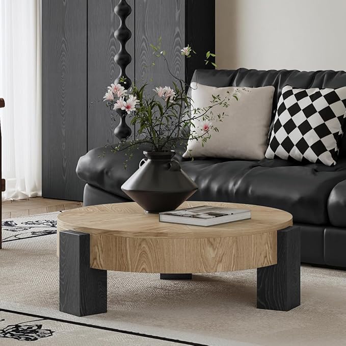 33'' Round Coffee Table with Hidden Storage, Modern Wood Veneer Top, 3 Block Legs Sturdy Center Accent Table for Living Room, Small Space, Natural Wood & Black