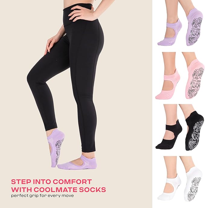 CoolMate Pilates Socks with Grips for Women, Yoga Socks, Crew Non Slip Women for Barre, Pilates Gifts for Women