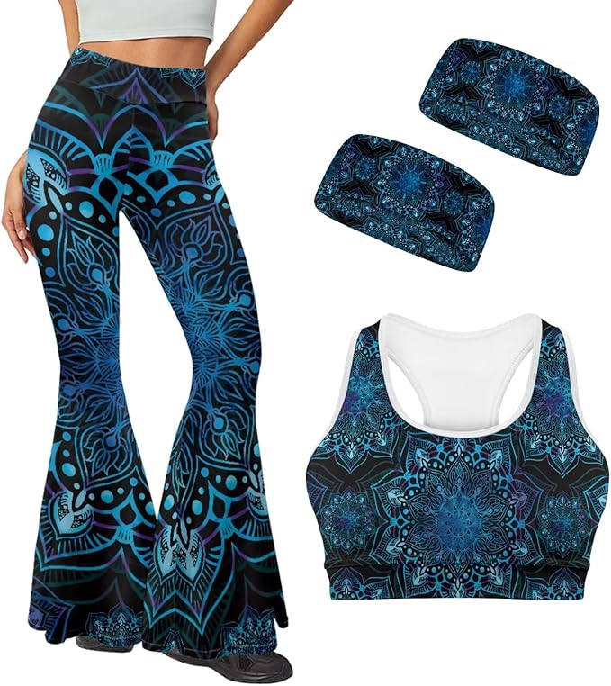 4 Piece Gym Sets Women Racerback Sports Bra with Back Pocket, Matching Flare Yoga Pants And Sweatband