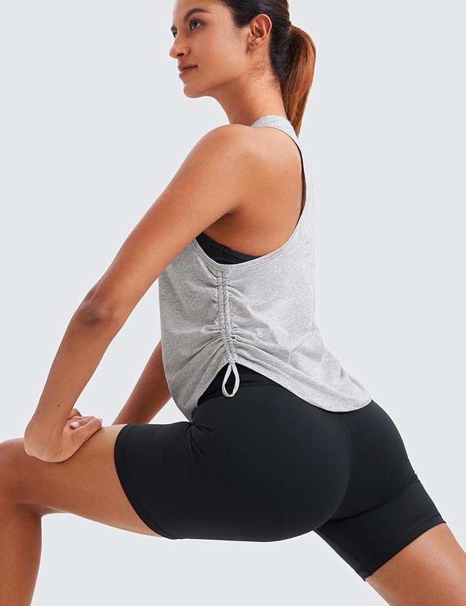 CRZ YOGA Pima Cotton Ruched Side Tank Tops for Women - Workout Athletic Casual Racerback Crewneck Loose Sleeveless Shirts