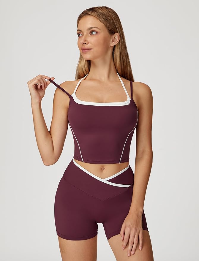 ABOCIW Workout Sets for Women 2 Piece Color Block Layered Cropped Tank Top Crossover High Waist Biker Shorts Gym Sets