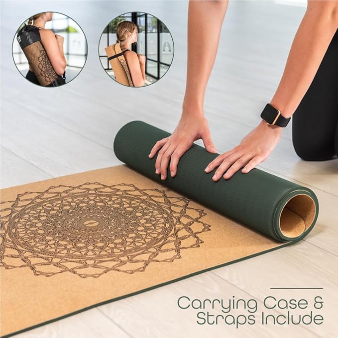 Workout Mat with Carrying Strap - 6mm Thick Cork Yoga Mat (72” x 24”) - Non-Slip Cork Mat for Home, Gym, Fitness & Hot Yoga - Lightweight, Cushioned, Durable & Sweat-Resistant by Fitby