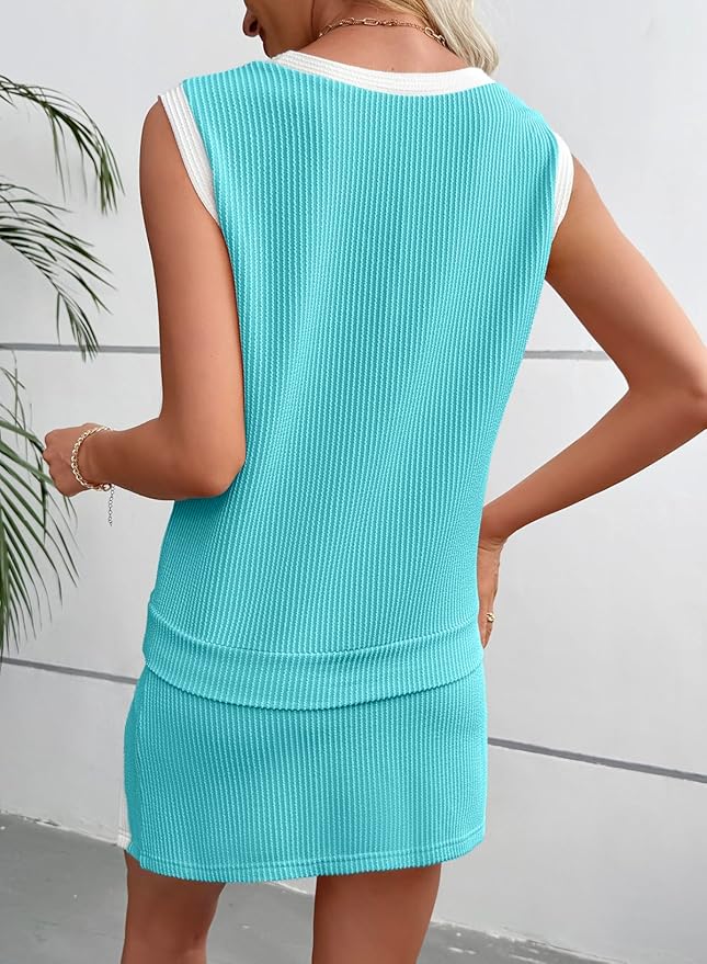 EVALESS 2 Piece Sets for Women Summer Outfits Ribbed Knit Tank Top and Split Lined Skirt Two Pieces Lounge Matching Set